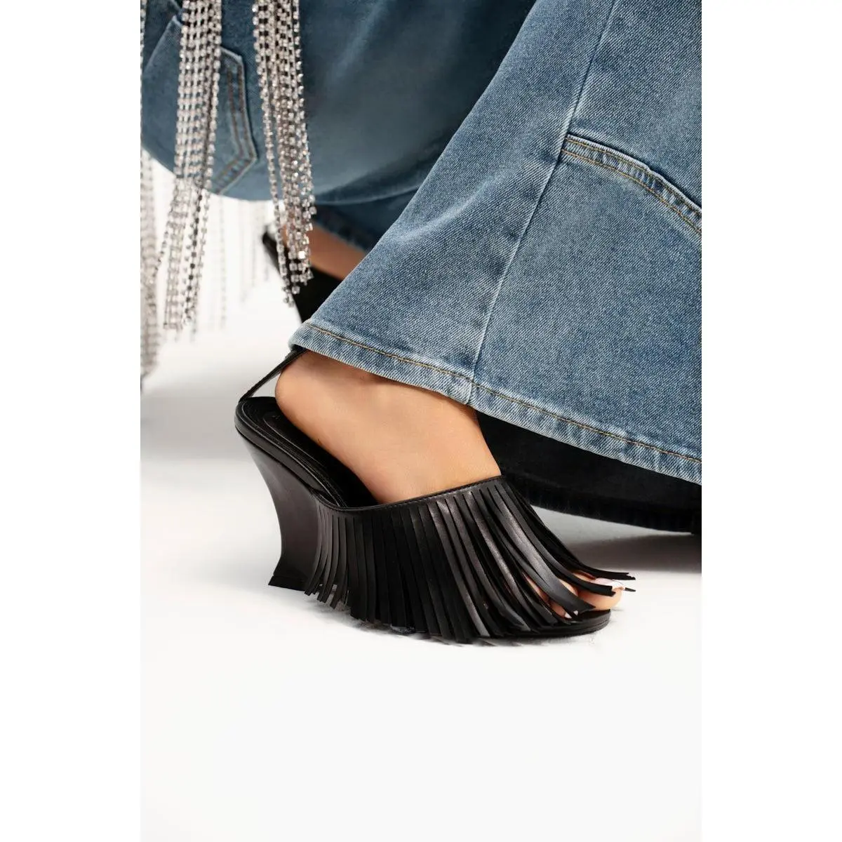 AZALEA WANG FASCIA BLACK FRINGE WEDGE SANDAL - TikTok Shop