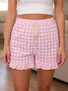 Ruffle Hem Gingham Shorts for Women - Casual Summer Lounge Bottoms with Lace Tie
