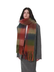 Women's Plaid Rainbow Patchwork Checkered Scarf, Thick Warm Fashion Street Style, Casual Loose-Fit Woven Fabric, Perfect for Fall & Winter