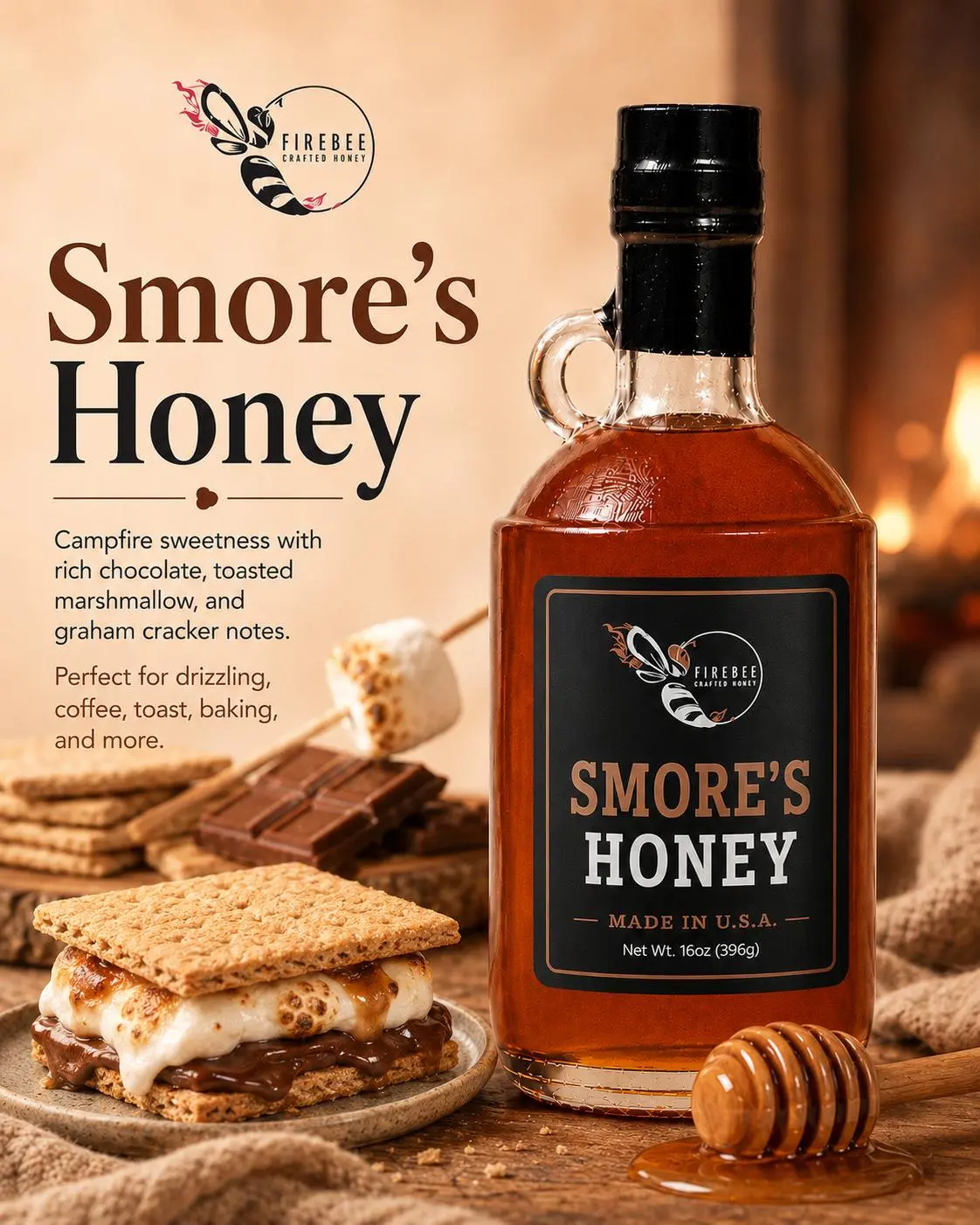 Firebee S'mores Honey - Flavored Raw Unfiltered Sunflower Honey