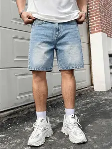 American Vintage Light Blue Denim Shorts, Basic Casual Fitted Style, Drawstring Waist, Adjustable, Pockets, Short Length, Men's Fashion Pants, Bottom