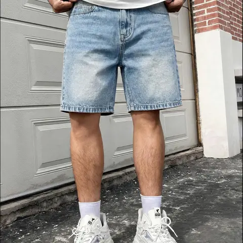 American Vintage Light Blue Denim Shorts, Everyday Shorts, Casual Fitted Style, Drawstring Waist, Pockets, Short Length, Menswear, Men's Fashion Pants