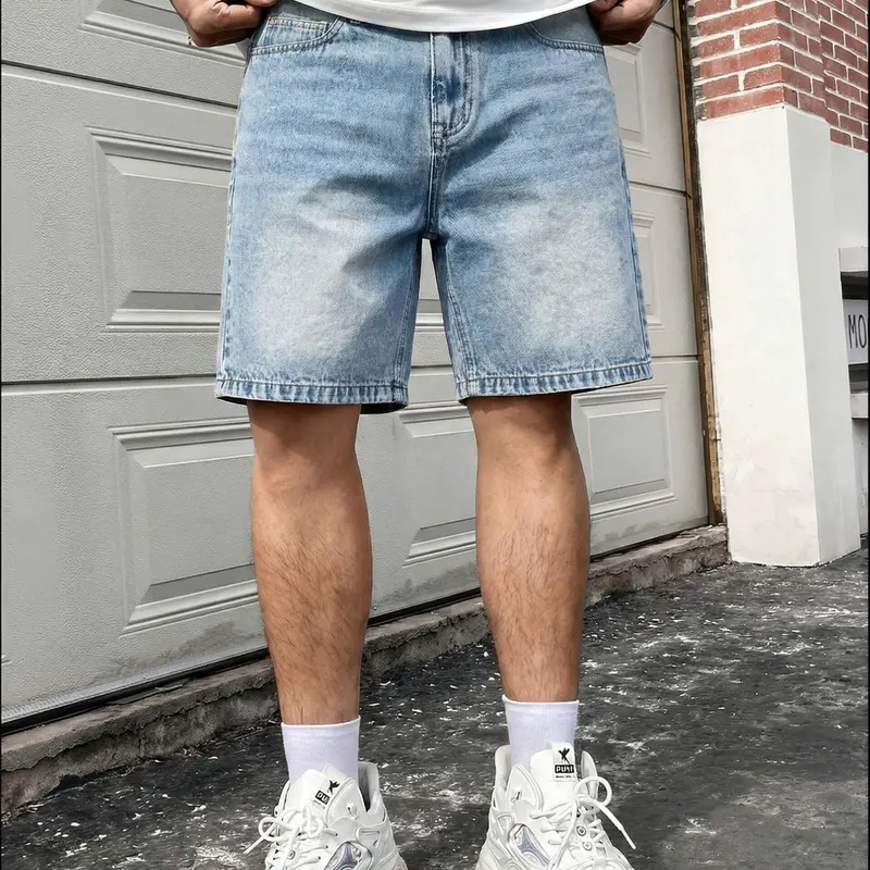 American Vintage Light Blue Denim Shorts, Everyday Shorts, Casual Fitted Style, Drawstring Waist, Pockets, Short Length, Menswear, Men's Fashion Pants