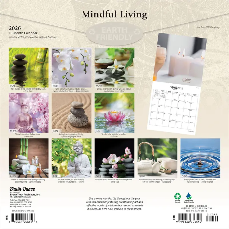 Mindful Living | 2026 12 x 24 Inch (Hanging) Monthly Square Wall Calendar | Plastic-Free | Brush Dance | Art Quotes Photography Inspiration 1