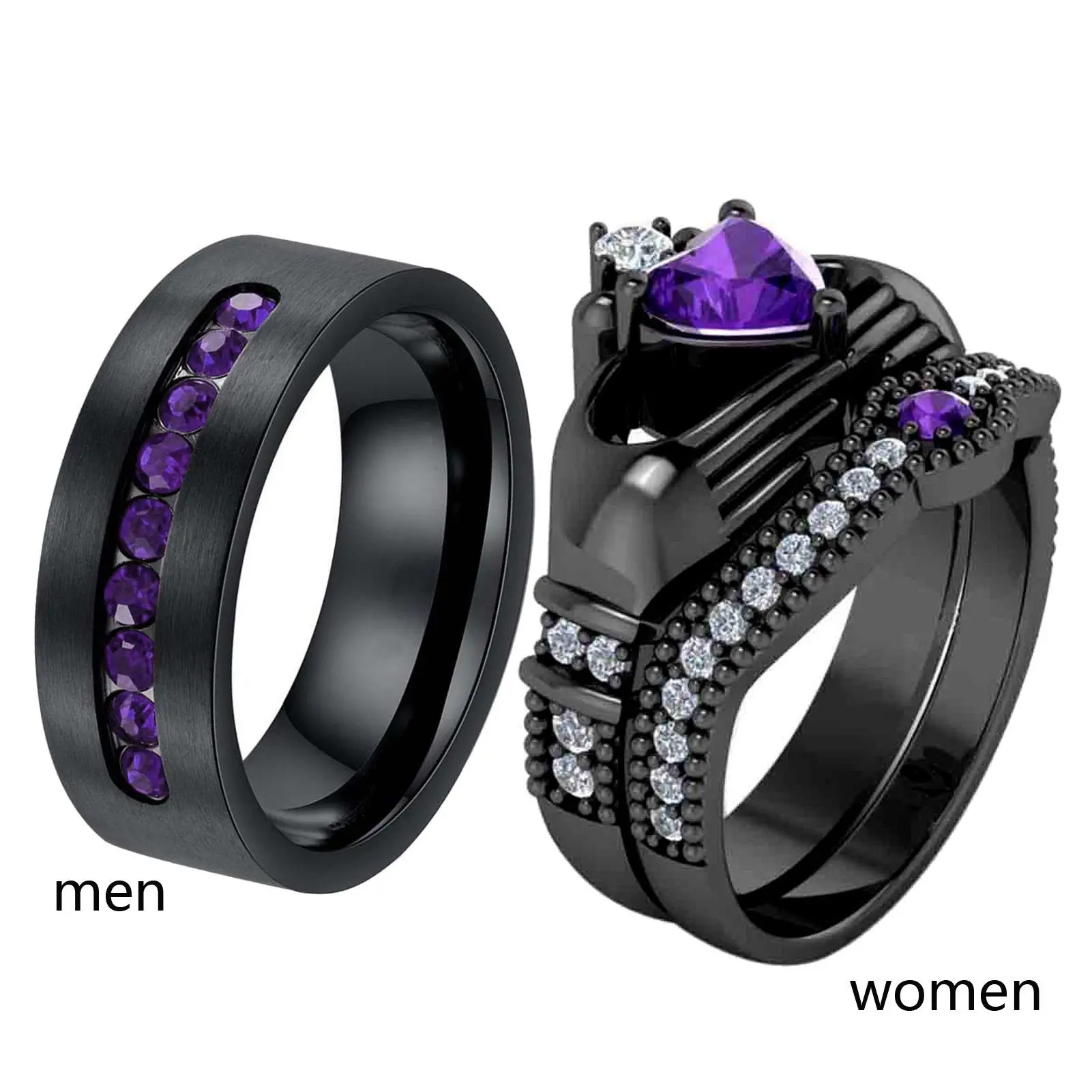 Ringcrown Couple Rings Matching Rings Heart 1ct Purple CZ Black Plated Claddagh Ring 2pcs Women Wedding Ring Sets For Him And Her Ring Sets Men Titanium Steel Wedding Band