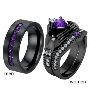 Ringcrown Couple Rings Matching Rings Heart 1ct Purple CZ Black Plated Claddagh Ring 2pcs Women Wedding Ring Sets For Him And Her Ring Sets Men Titanium Steel Wedding Band