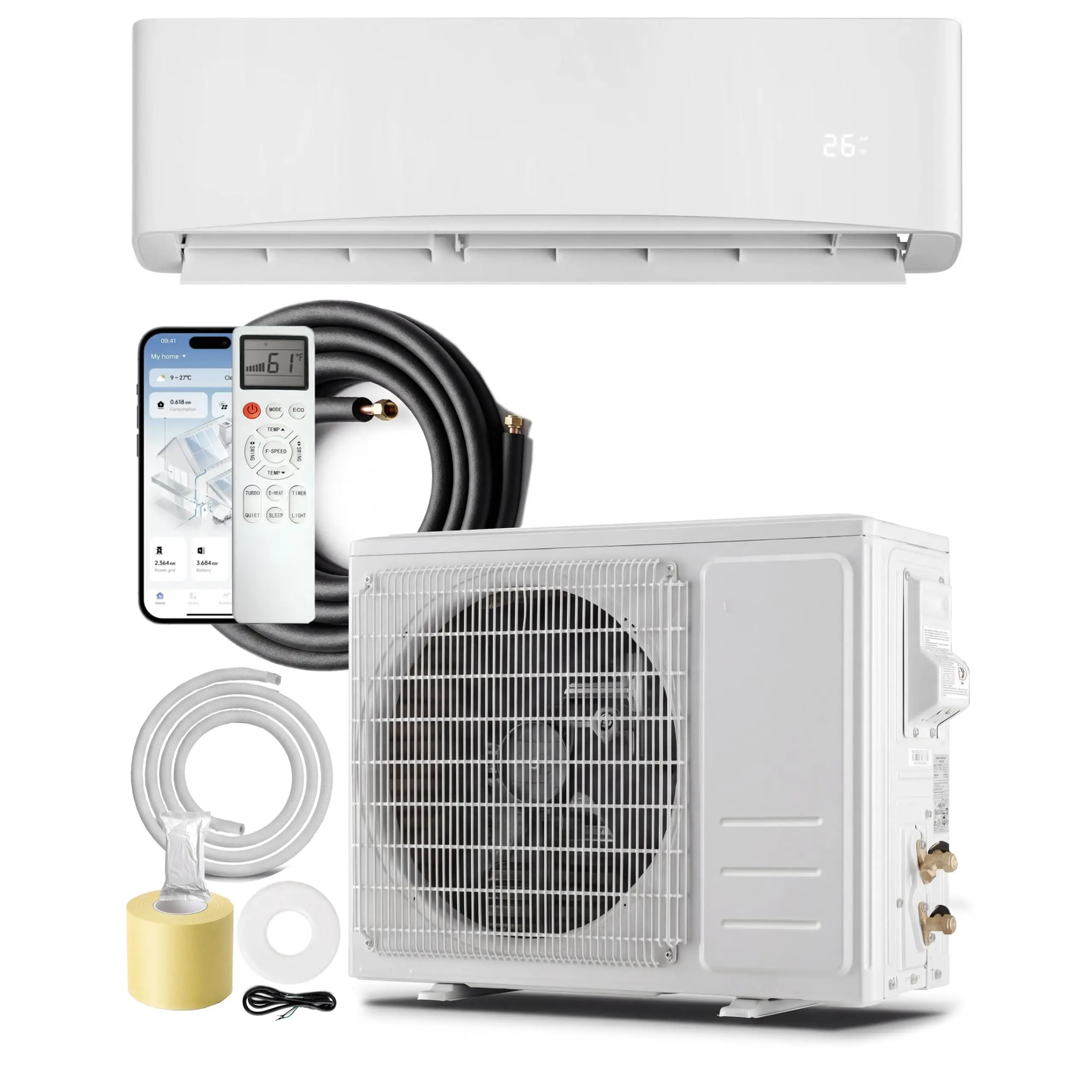 GARVEE 9000 BTU Inverter Mini Split Aircon Set, 17 SEER2 WiFi Control Smart AC Heat Pump, 5-in-1 Cool-Heat-Dry-Fan-Turbo Modes, AHRI ETL Certified for Rooms Up to 450 Sq.Ft