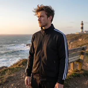 Men's Zip Up Track Jacket Stand Collar Athletic Jacket with Side Stripes Zip Pockets Soft Stretch Fabric for Gym Running Outdoor Casual Streetwear 