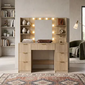 47.2" Fluted Vanity Desk with Mirror & Adjustable LED Lights, Large Makeup Vanity with 7 Drawers, Glass Top & Built-in Charging Station, Suitable for Bedroom, Dorm, Women & Girls, Natural Oak Material, Space-Saving & Practical for Daily Makeup Use
