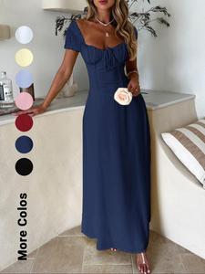 women's solid backless tie front dress, casual fashion short sleeve long dress for summer, women's clothing for beach holiday, casual elegant classy womenswear, a line dresses