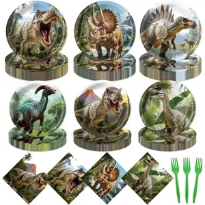 96 count Dinosaur Birthday Party Decorations for Dino World Disposable Tableware Sets Dinosaur Paper Plates Napkins for 24 Guests Boys   Shower Birthday Dino Theme Dinnerware Table Party Supplies