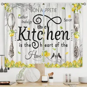 2 Panel 28"X40" Lemon Kitchen Curtains Short Small Rustic Farmhouse Yellow Fruit Country Wooden Barn Plant Fork And Spoon Botanical Rod Pocket Bedroom Living Room, Home Decor, Farmhouse Home Decor