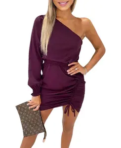 AX Paris Women's Purple Side Ruched Tie Detail One Shoulder Dress