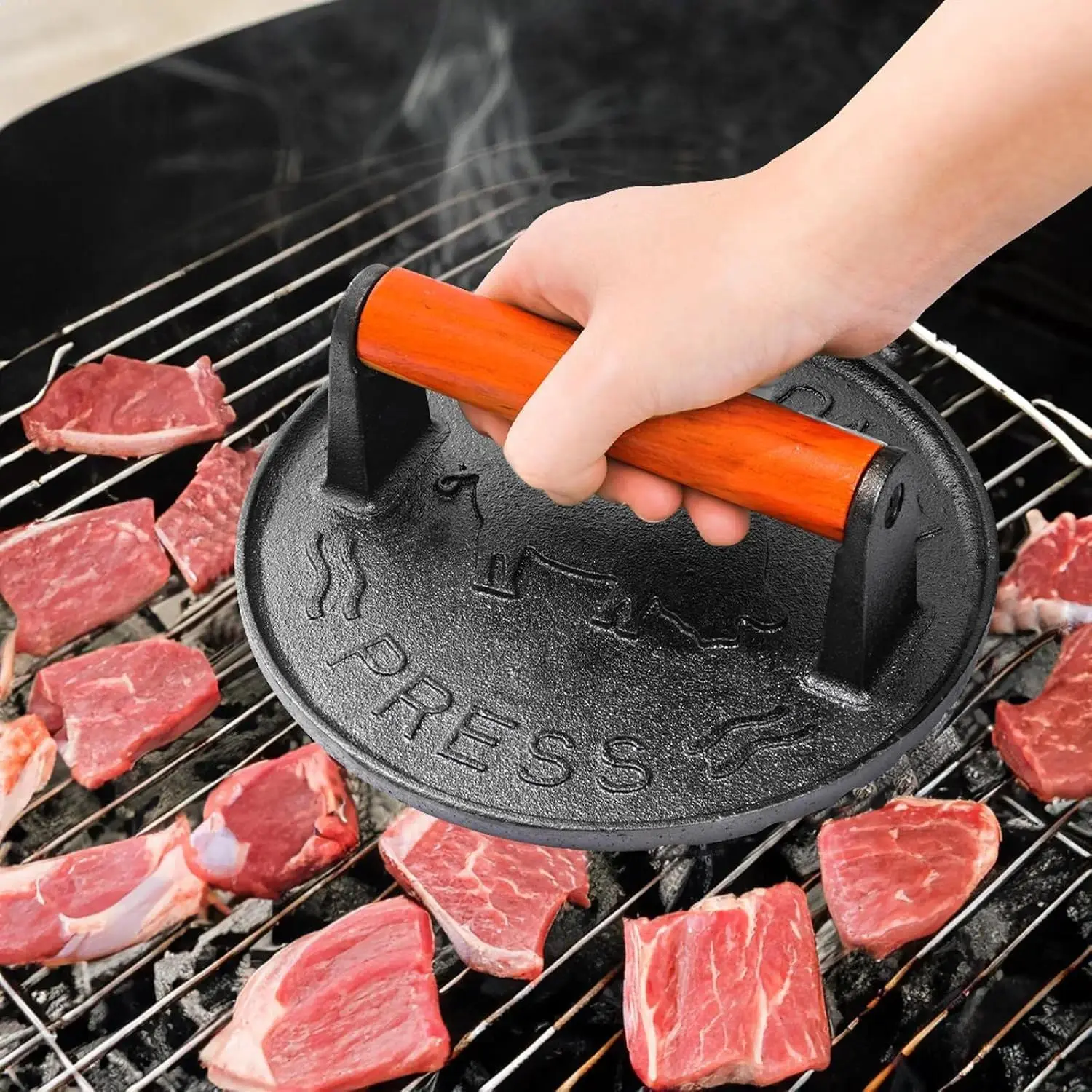 Cast Iron Bacon Press for Griddle - Heavy Duty Smash Burger Press, Grill Press with Ergonomic Wooden Handle, Meat Press for Flat Top Grill, Ideal for Burgers, Bacon, and Steaks Kitchen Utensils Cooking Steel