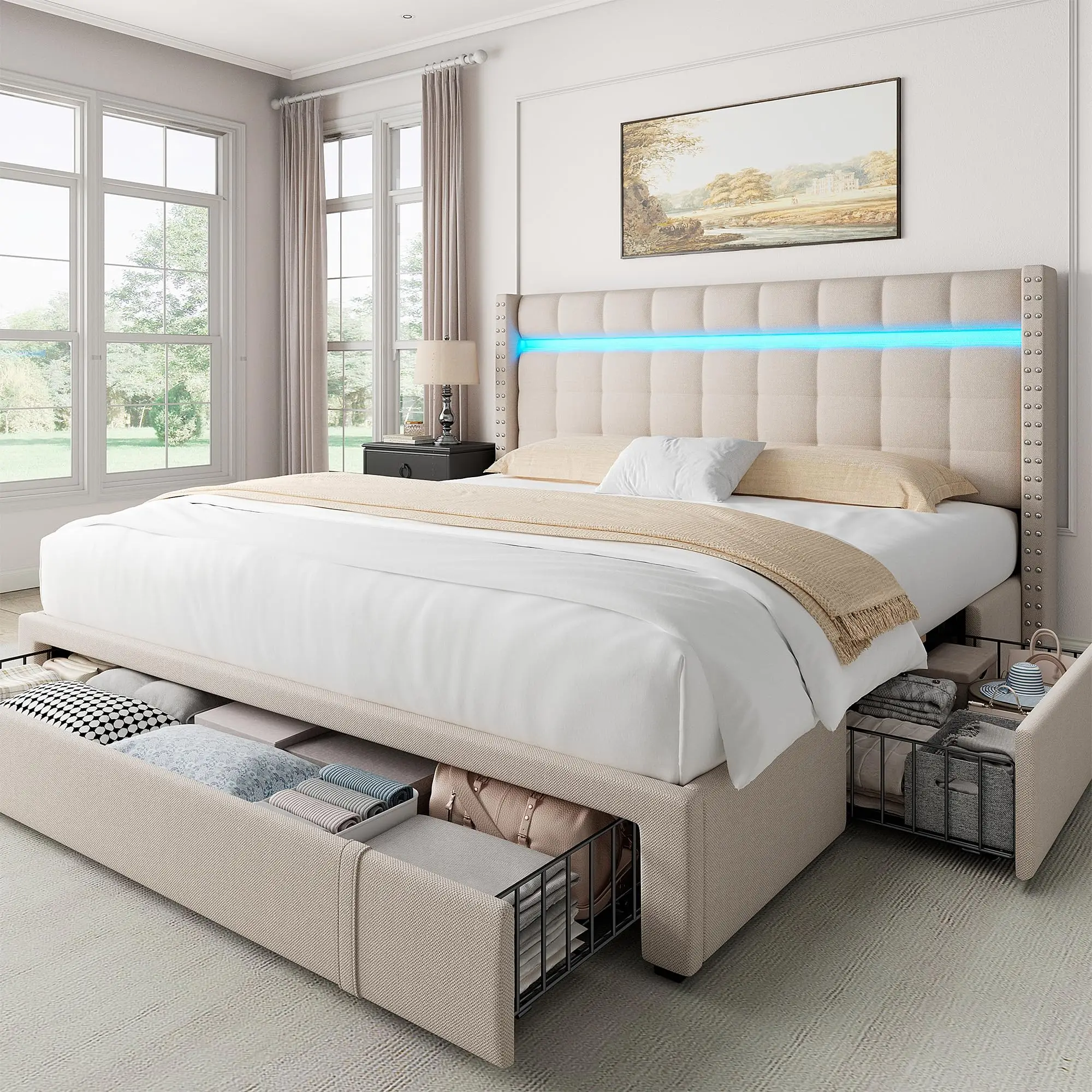 【TikTokShopRestock】Bed Frame with Storage, MATTRESS NOT INCLUDED, LED Bed Frame with Adjustable Headboard, Upholstered Platform Bed Frame Queen Size w