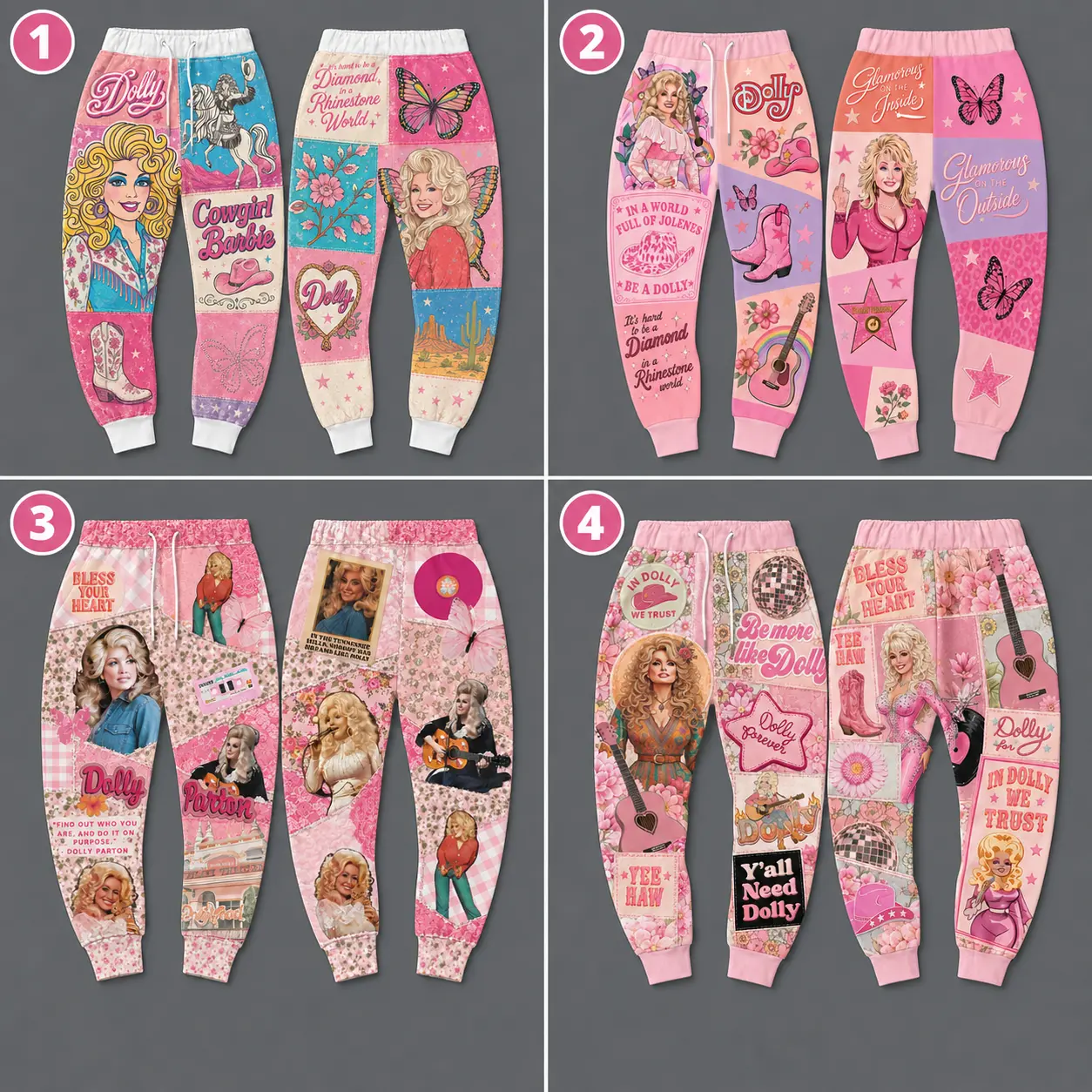 Dolly Parton Sweatpants | Faux Patchwork Printed Joggers Options 1-4 | Vintage Country Music Fan Apparel | Pastel Pink Retro Western Graphic Pants | Cozy Concert Streetwear Gift for Southern Girls