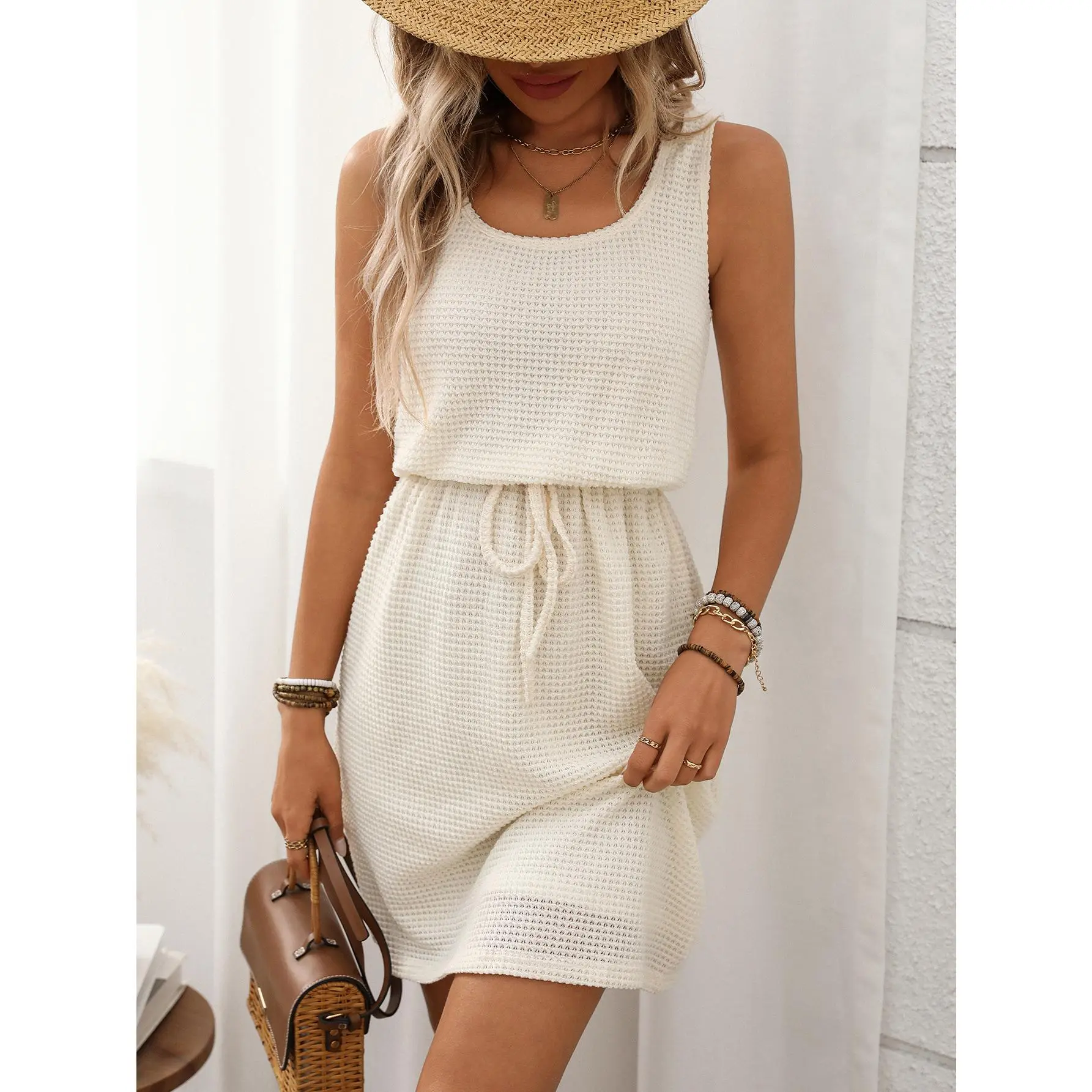 Women's High Waist Sleeveless Casual Dress Waffle Knit Elastic Drawstring Waist Knee Length Dresses Swimsuit Sleeveless Waffle Knit Beach Coverup Dress