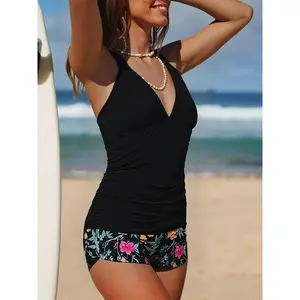 Women's 2-Piece Tankini Bathing Suit - New Fashion Pure Color Neck Strap Top, Print Briefs, Split Design, Crystal Accents, Mesh Top - Bikini Sets for Summervibes, Spring Glow,chic design,mesh top,sport bra