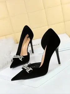 Water Drill Buckle Side Cut Velvet High Heels, Women /// Velour, Stiletto Pointed Toe, Comfortable Commute/date/wedding Shoes