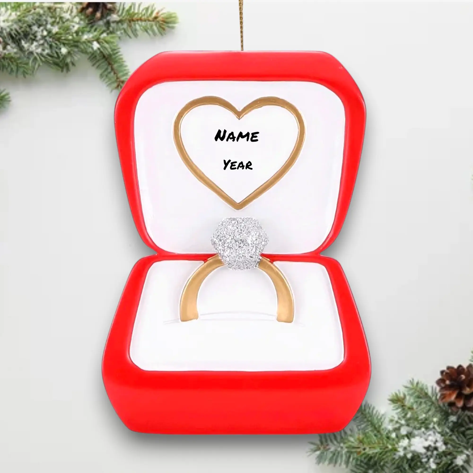 Personalized Wedding Ring in Box Christmas Ornament – Engagement Ring Proposal Keepsake – Name & Year – Noel Box