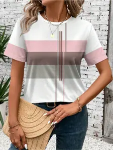 Casual patchwork striped crew-neck short-sleeve women's T-shirt, perfect for both spring and summer, ideal for everyday wear