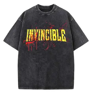 Retro Invincible Comic Logo Cartoon Washed T-shirts Men and Women Summer Cotton Clothing Fashion Round Neck Short Sleeved Tee