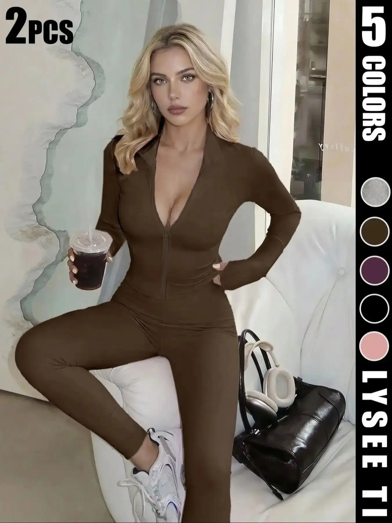 Sporty high stretch zipper slim fit long sleeve top with tight pants sweatsuit two-piece set, cargo tracksuit style, coordinated look effortless pairing performance fit training staple
