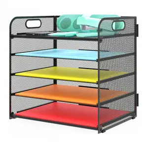 5 Tier Paper Organizer Tray, Metal Desk File Organizer with Handle, Desktop Document Holder for Office Classroom Black