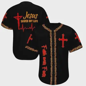 Christian Cross Baseball Jersey Faith Over Fear Button Up Shirt Black Red Church