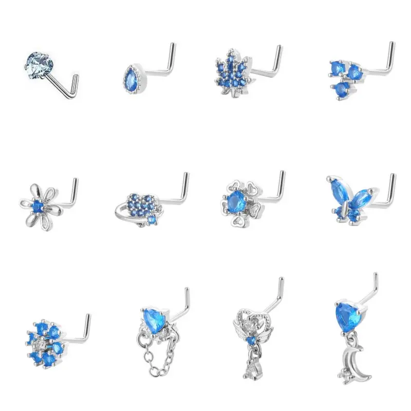 12 PCS 20G Nose Rings Stainless Steel, L Shaped Nose Studs for Women Men, CZ Heart Butterfly Flower Leaf Moon Dangle Cute Nose Piercings Studs Screw Jewelry