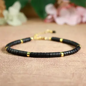 Natural Black Onyx Tube Beaded Bracelet Healing Crystal Dainty Bracelet Minimalist Handmade Bracelet Gift for Women Men