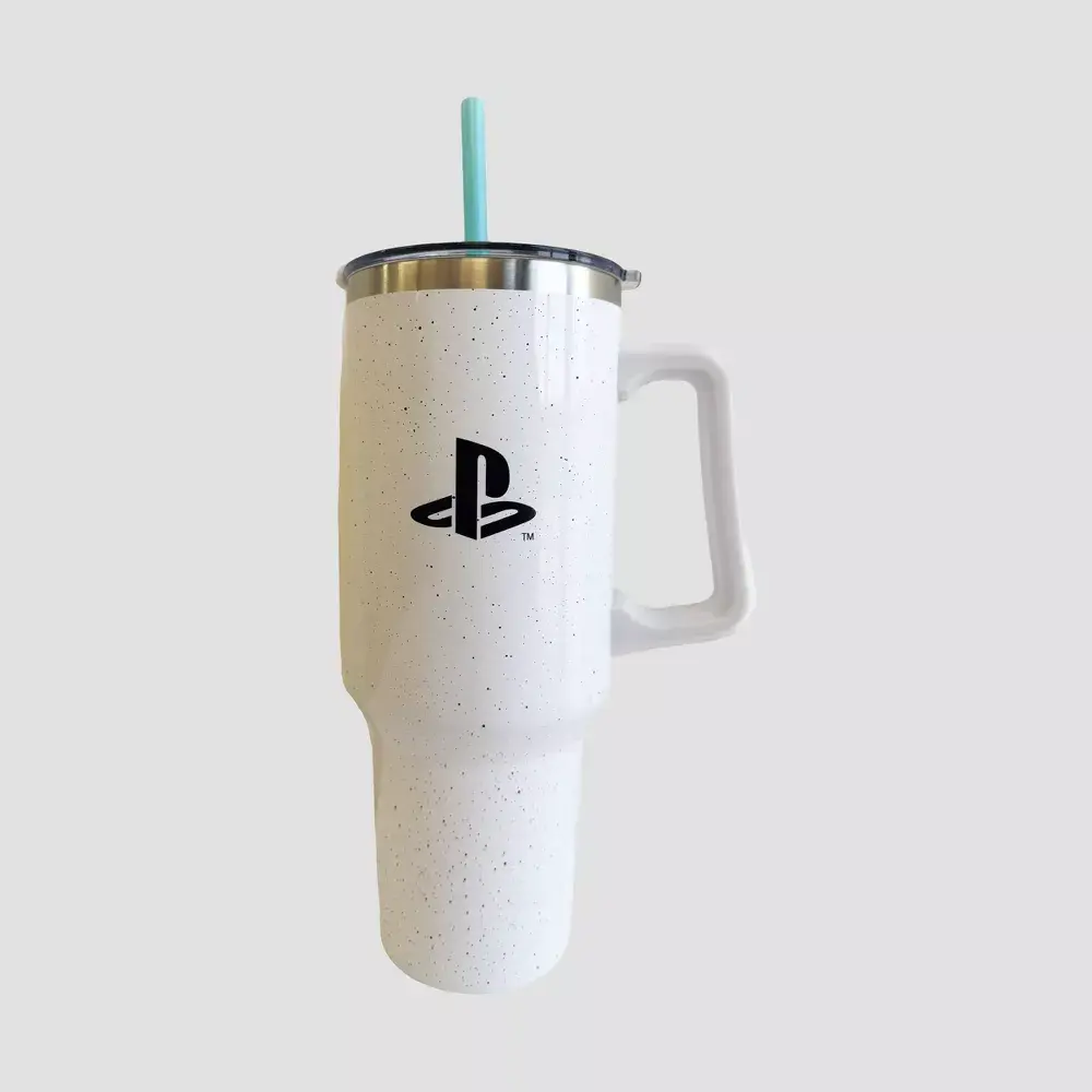 PlayStation Classic Icons Insulated 40 oz. Tumbler - White Stainless Steel & Plastic Drinkware with Square, Circle, Triangle Design, Lid, Hand Wash Only for Hot/Cold Beverages, Insulation, Heat Resistant