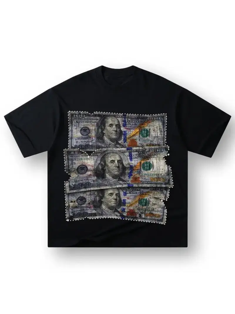 Money Cash Stack Rhinestone Graphic Tee Unisex Oversized Short Sleeve Crewneck T-Shirt Premium Cotton Blend Soft Streetwear Hip Hop Grunge Fashion Top Gothic Punk Gift