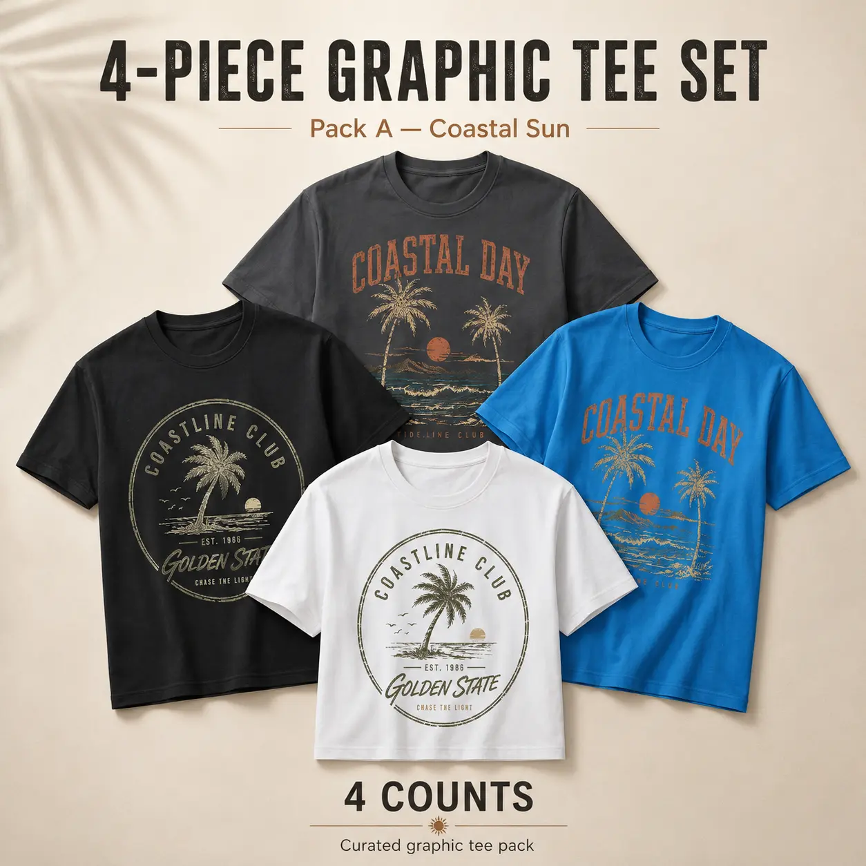 Men’s 4 Pack Vintage Graphic T-Shirts, Cotton Crew Neck Short Sleeve Casual Tees, Coastal Western Streetwear Set