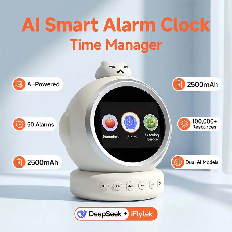 Cute Smart AI Kids Alarm Clock - Multifunctional Digital Bedroom Clock with Voice Chat, Ok-to-Wake Sleep Trainer, Night Light, Story & Music Player, Pomodoro Timer, Built-in Cell, Batteries Included, Kids' Gift for Ages 3-12