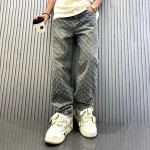 2025 Jacquard Full Print High Street Trendy Brand Ins Design Jeans, Loose Straight Tube Style, Washed Wide-Leg Long Trousers Menswear Man Pants Streetwear Casual Black