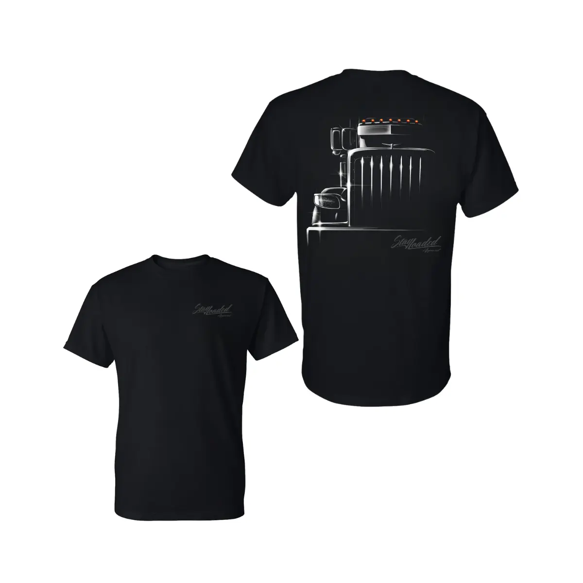 StayLoaded Midnight Rig T Shirt, Minimal Chrome Big Rig Graphic Tee 2 Sides, Soft Cotton Blend T Shirt, Trucker Lifestyle Apparel for Men & Women, Night Cruiser Gift