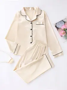 Women's Satin Sleepwear Set, Elegant Long Sleeve Pajamas, Comfortable Loose Fit, All-Season Wear, Plain Design, Soft Silk Fabric