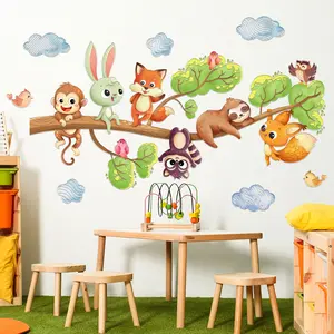 A set (30*90cm*2pcs) of 2D flat big tree small animals (monkeys, rabbits, foxes) queue Decorative wall stickers for home living room, bedroom decoration, wall stickers, entrance background beautification stickers, self-adhesive MG13502-KN