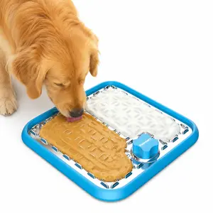 【Pawtners】Stainless Steel & Silicone Lick Mat for Dogs & Cats, Chew Proof Slow Feeder for Crate Boredom & Anxiety Relief, Washable Pet Licking Pad with Spatula & Scrubbing Brush, Dog Accessories, dog lick bowl,2 Pack, Blue.