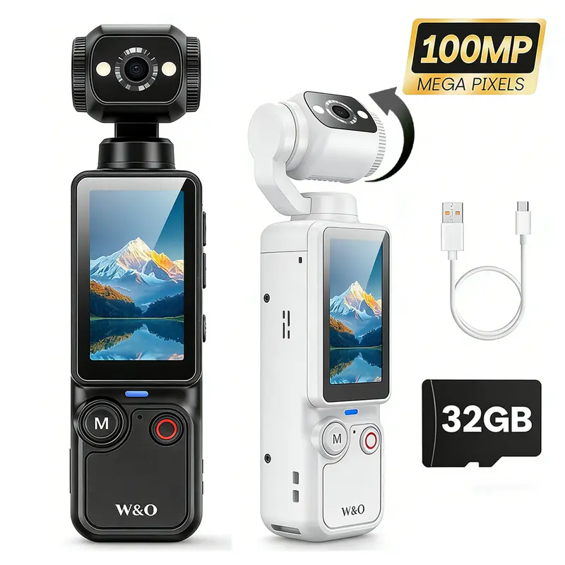 【Christmas Gift】W&O Portable Vlogging Camera with 180° Rotating Lens, 2.5K/120fps Videos, Pocket Video Camera for Photography, Digital Camera for Meeting and Daily Use with 32GB SD Card,  Ideal Gift for Girls, Boys, and Beginners, Birthday Christmas Gift