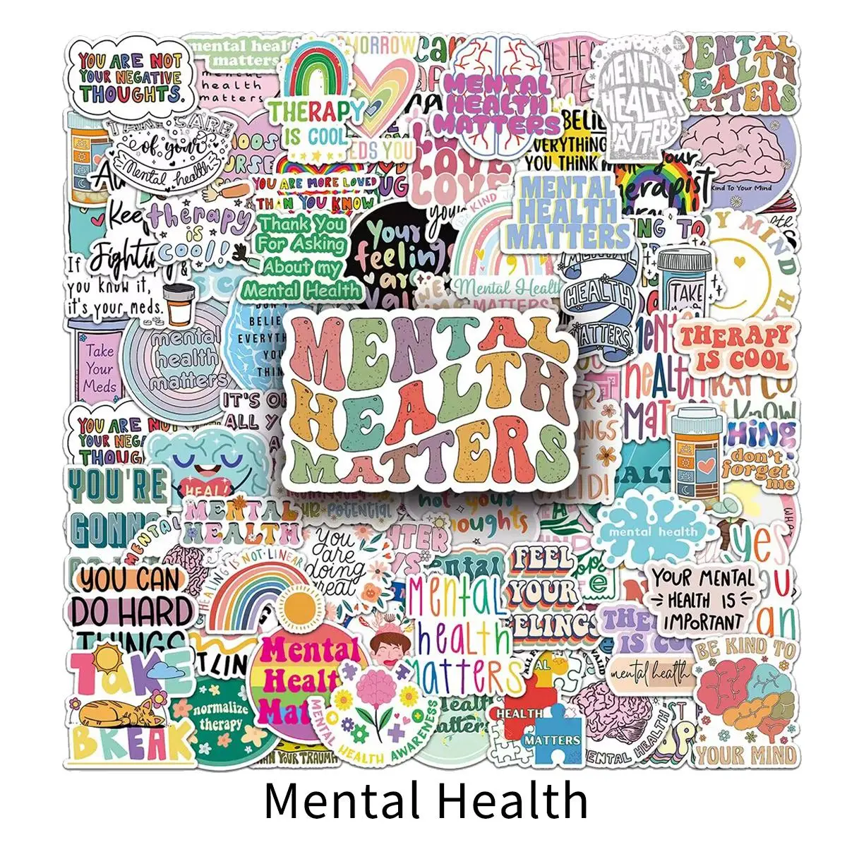 Mental Health Letter Pattern Sticker, 100/200pcs Waterproof Self Adhesive Decor Paper, Decor Sticker for Gift Greeting Card Water Bottle Laptop Phone