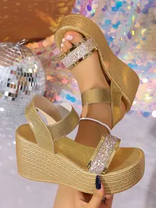 Women's Chunky Heel Platform Sandals with Sequins, Simple Ankle Strap Design, Elegant Wide Fit Comfortable Outdoor Shoes, Height-Boosting Summer Footwear