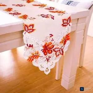 Embroidered Fall Table Runner Leaf design Thanksgiving Runner 15" x 57" White