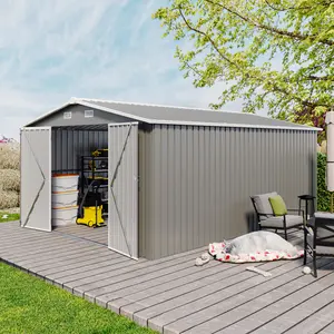 Large Outdoor Storage Shed 10×14 FT with 3 Lockable Doors,Utility Tool Shed Metal Garden Sheds Frame and 4 Vents, Heavy Duty Outdoor Container House for Backyard,Patio,Lawn,Light Grey