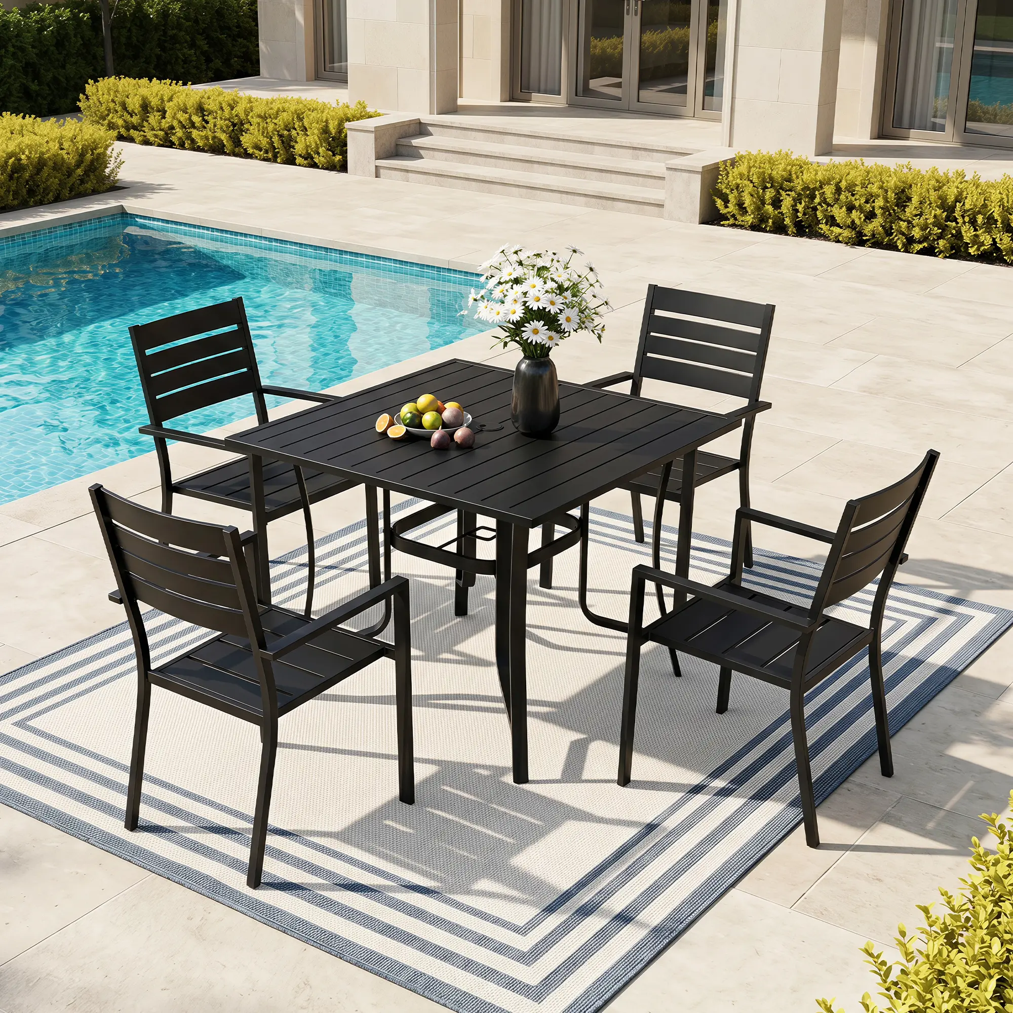 Modern Black Finish Rectangular Metal Outdoor Dining Table, Weatherproof Rust Resistant Slatted Patio Dinner Table with Curved Legs, Heavy Duty All Weather Outdoor Furniture for Backyard, Garden, Patio, Deck & Poolside Entertaining