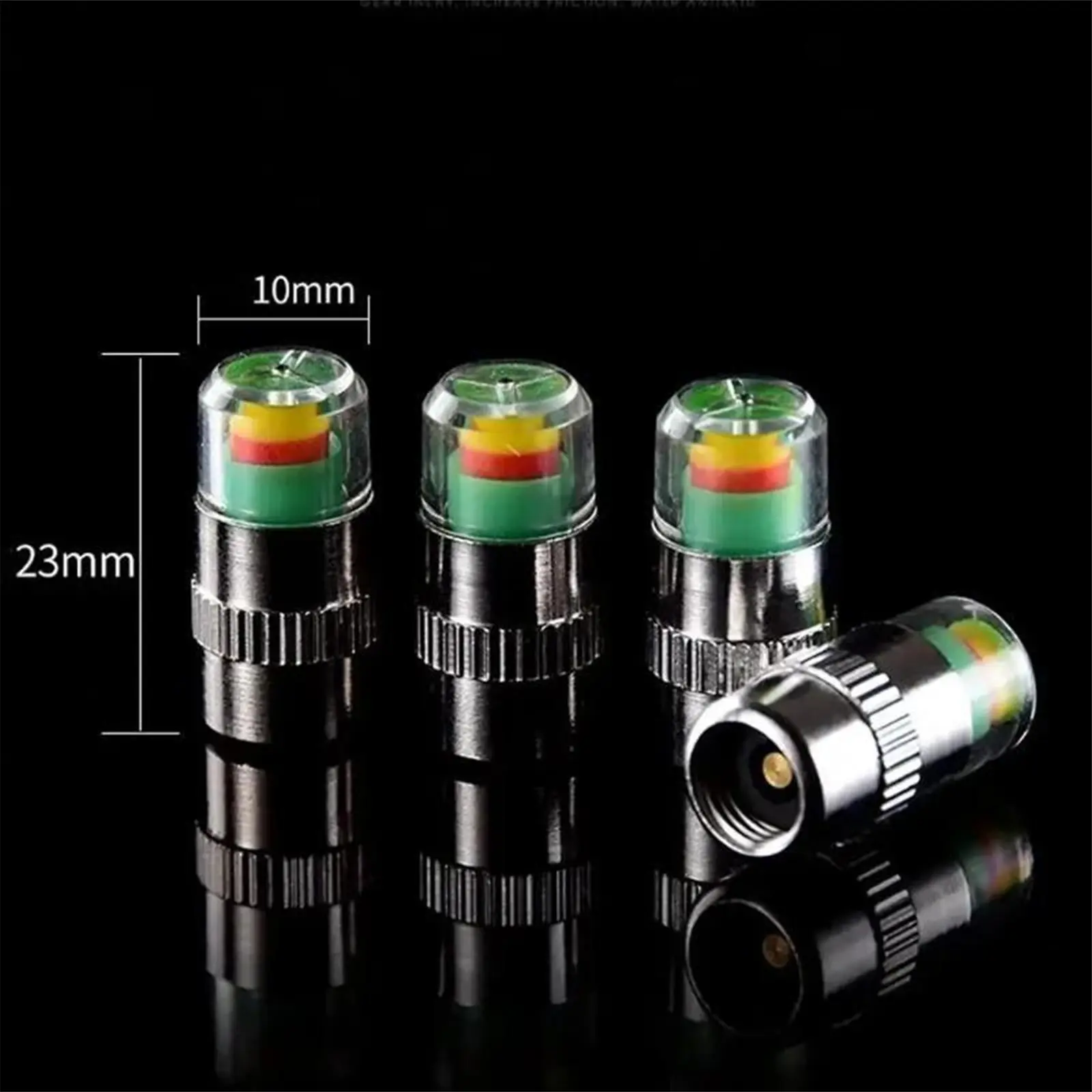4 PCS Metal Copper Core Tire Pressure Monitor Valves (36PSI/2.4Bar) with Caps, Mini Wrench, Lock Cylinders, Waterproof Transparent Design, Long Service Life, Easy & Non-Destructive Installation, Car Tire Repair Tools for Motorbikes, Stainless Steel, Valve