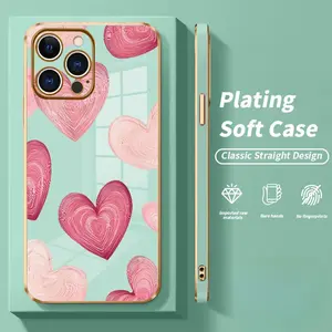 Soft Case for iPhone 17 Air 15 Pro Max 16 14 Plus 13 12 11 Hearts in Soft Hues Luxury Golden Edge Electroplating TPU Full Camera Lens Protection Phone,It makes a great gift for friends or family.