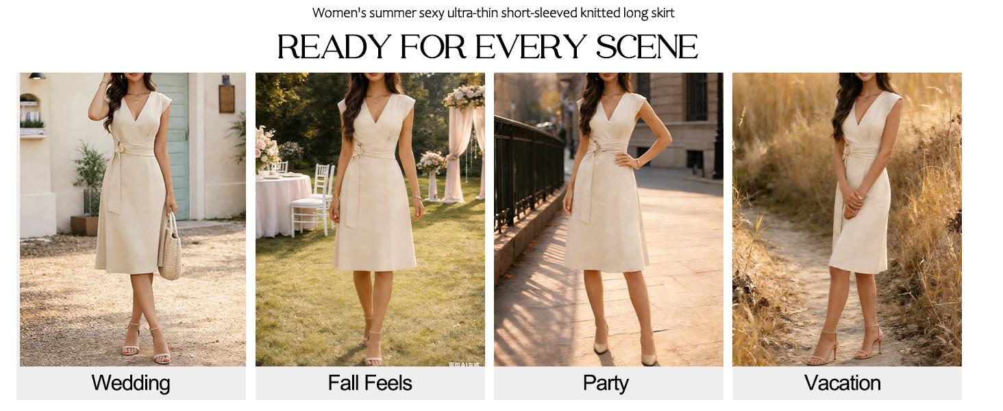 ETCYY Elegant V-Neck Belted Midi Dress – Slim Fit Business Casual Women’s Dress, Soft Rayon Blend A-Line Sundress, Graduation Dress, Wedding Guest Dress, Vacation Dress, Summer Womens Dresses for Work or Party