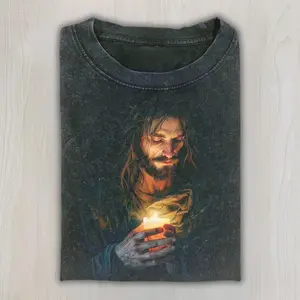 Jesus Holding Candle T-Shirt, Christian Faith Graphic, Vintage Acid Wash Religious Tee, Spiritual Prayer Apparel, Unisex Cotton Crewneck T-Shirt Menswear Womenswear Streetwear Top